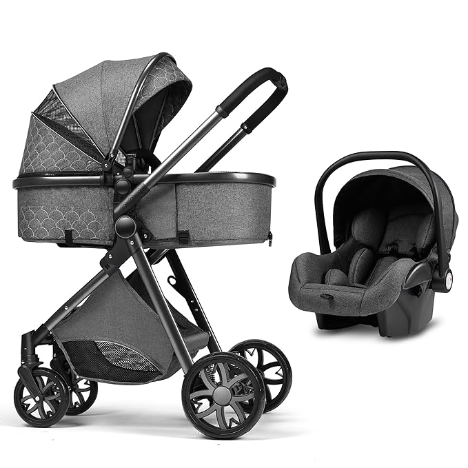 Luxury Pram High Landscape Baby Stroller Folding Pushchair Vista Stroller with Reversible Stroller Seat (Light Gray)