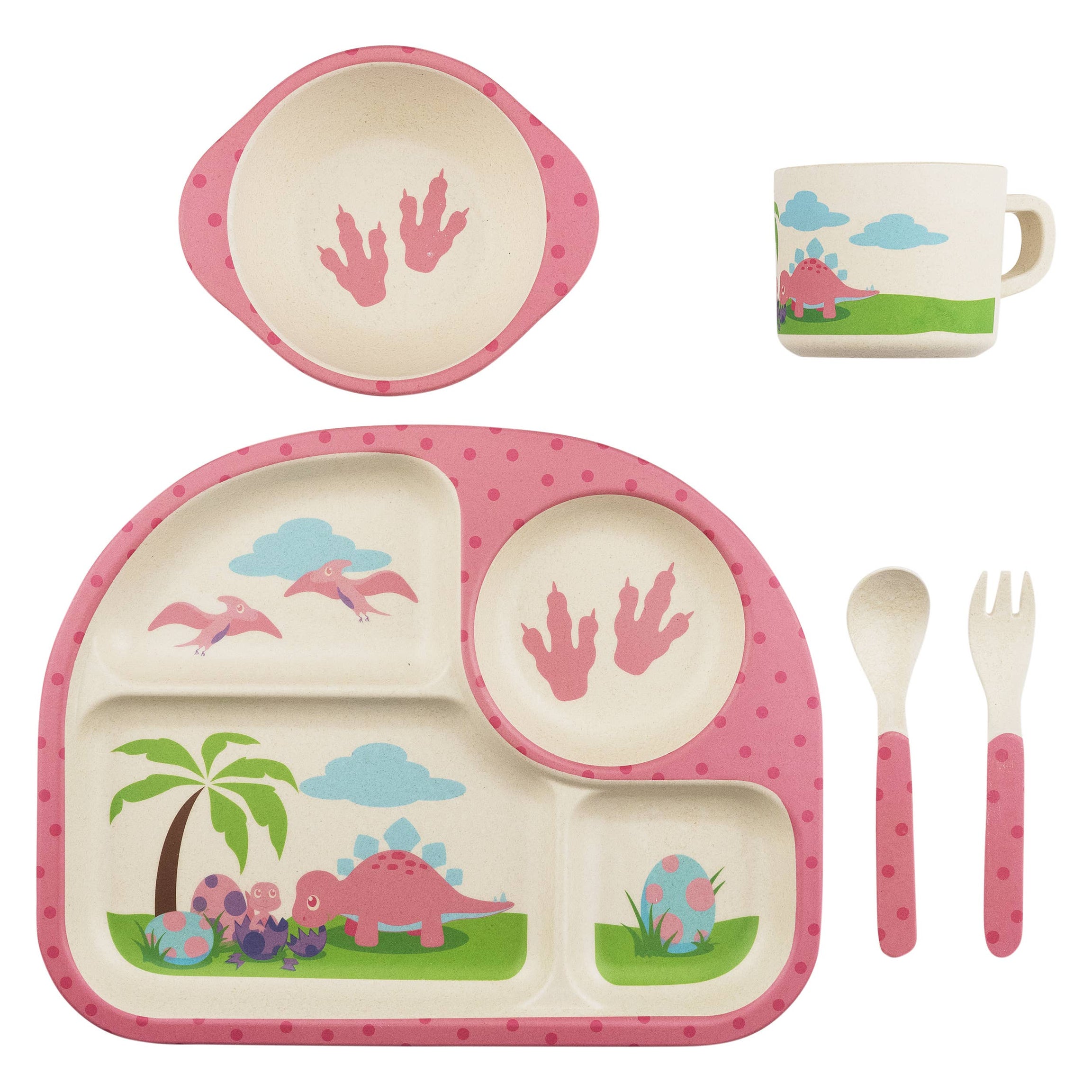 Five Piece Bamboo Dish Set for Kids - Pink Dinosaurs